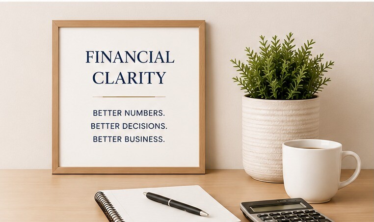 A framed Financial Clarity message beside a plant, coffee mug, notebook, pen and calculator